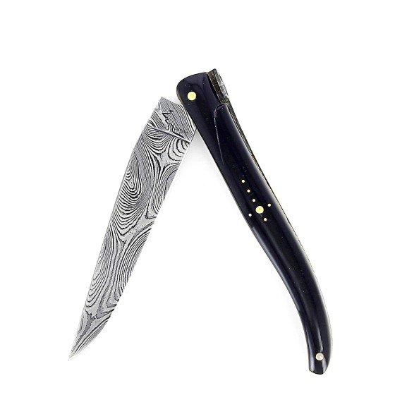 Couteau de Laguiole plein manche, corne noire, damas