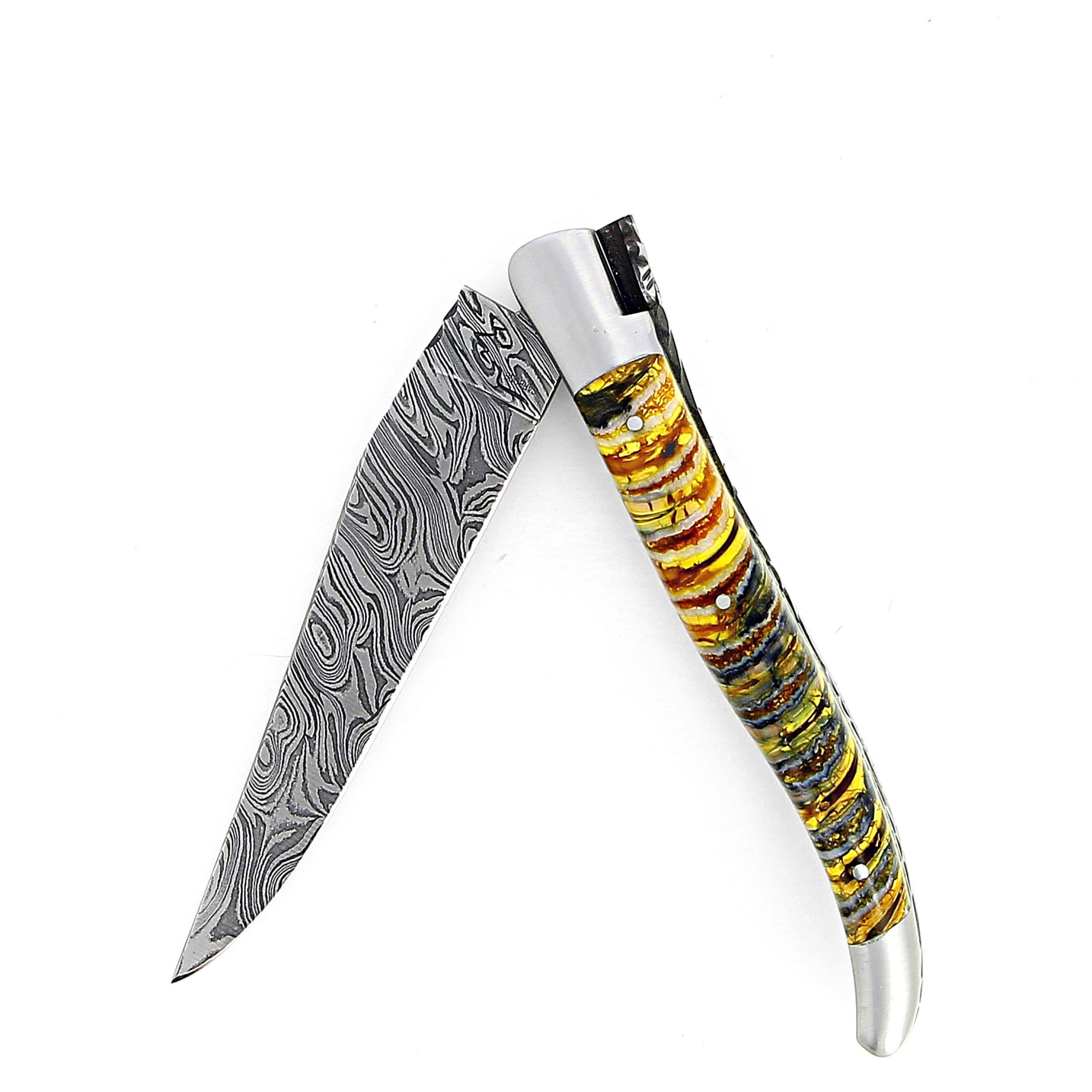 Couteau de Laguiole double platine en molaire de mammouth lame damas