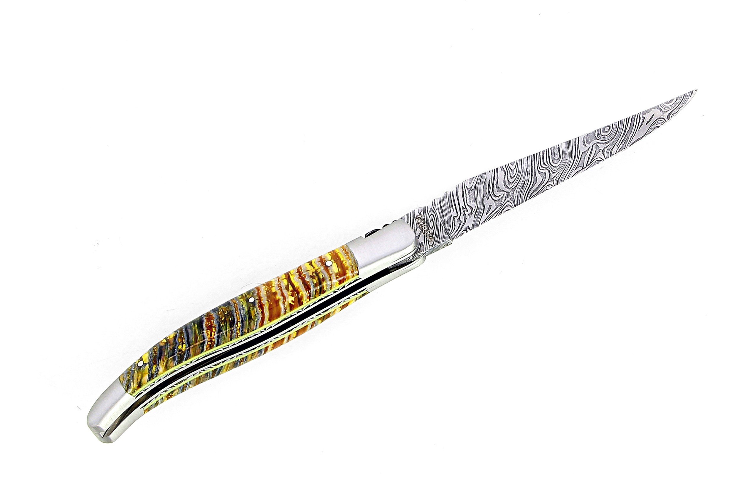 Couteau de Laguiole double platine en molaire de mammouth lame damas