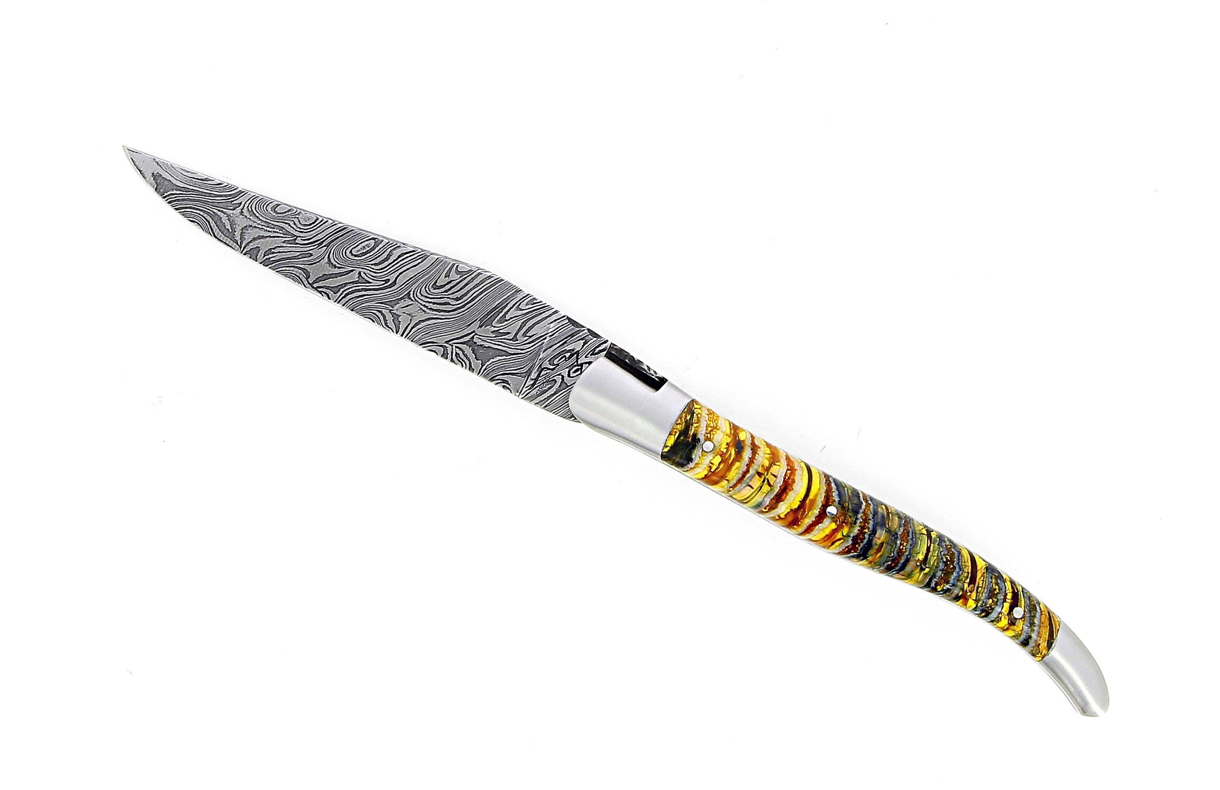 Couteau de Laguiole double platine en molaire de mammouth lame damas