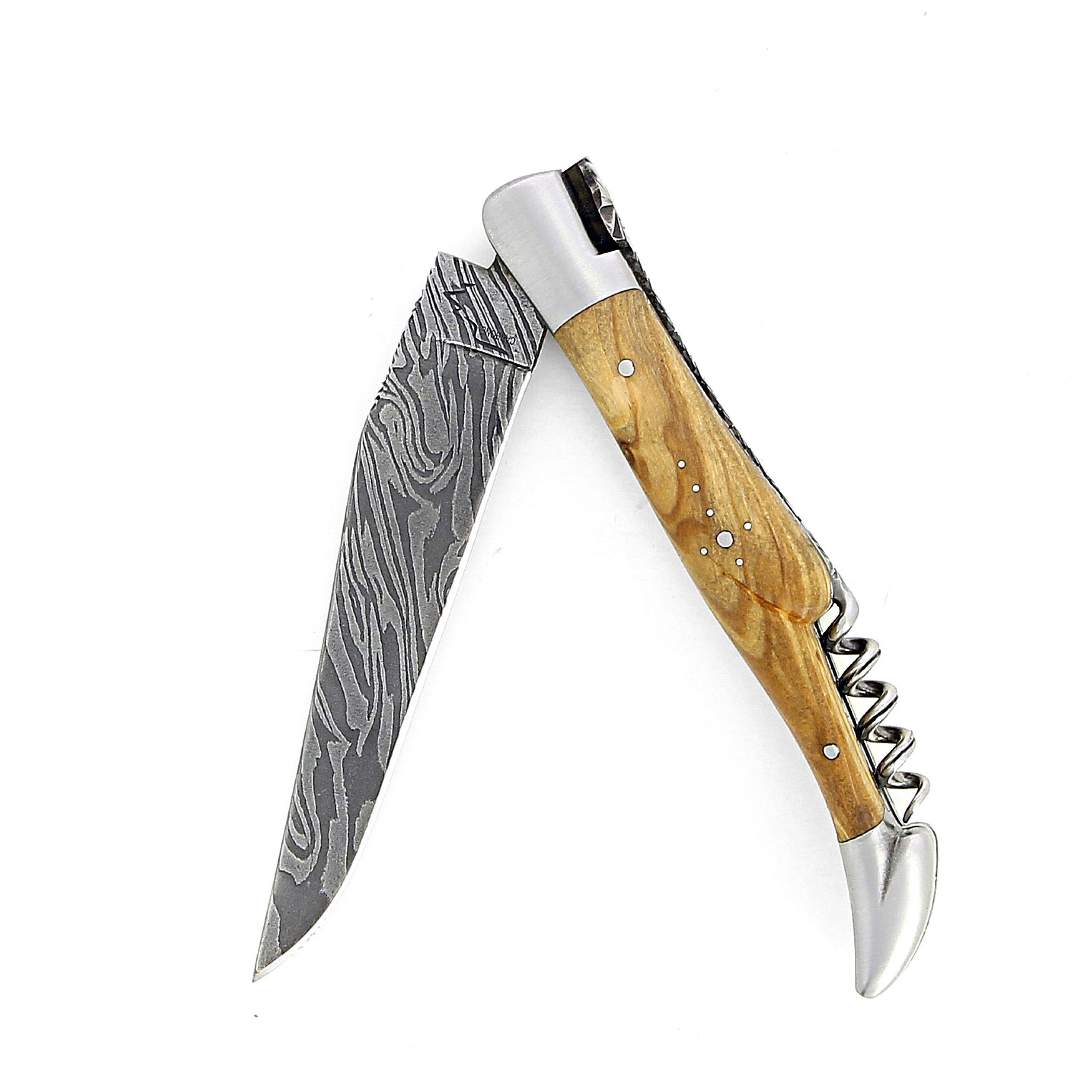 Couteau de Laguiole double platine en olivier lame damas