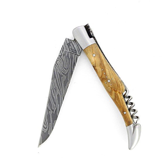 Couteau de Laguiole double platine en olivier lame damas