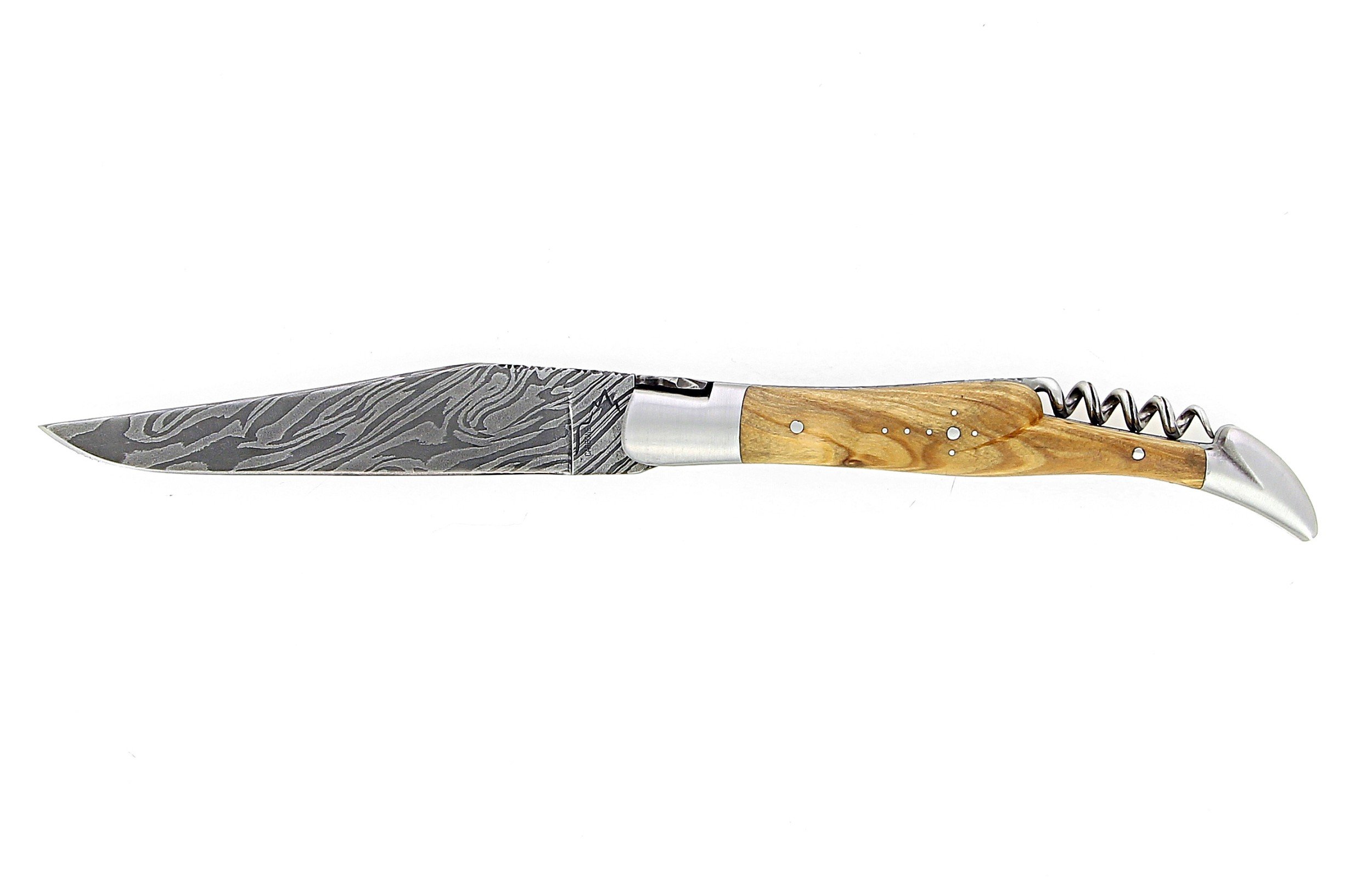 Couteau de Laguiole double platine en olivier lame damas