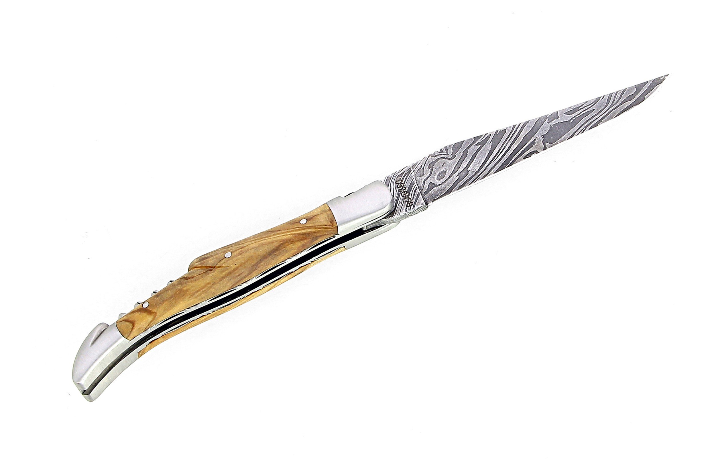 Couteau de Laguiole double platine en olivier lame damas