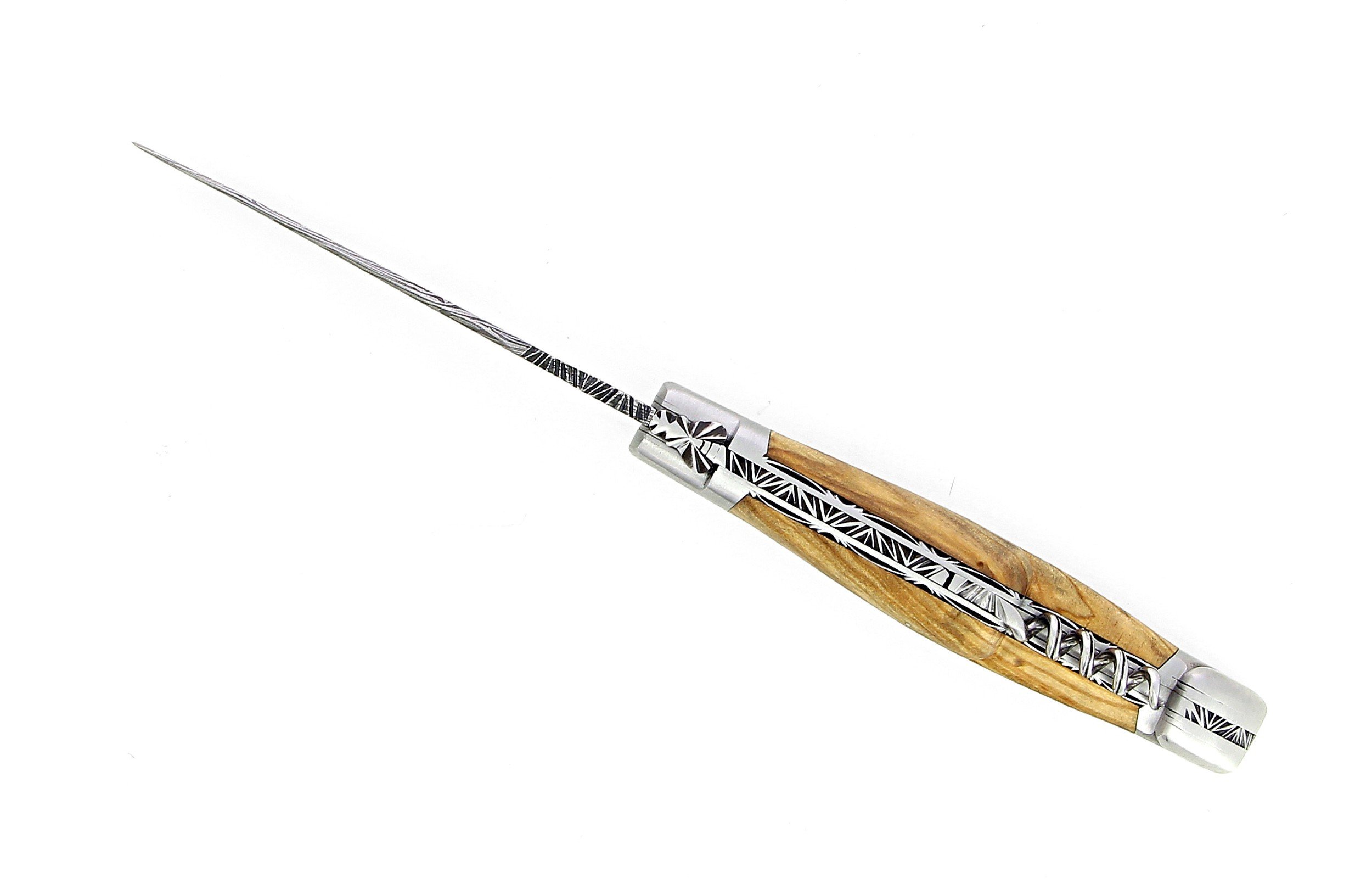 Couteau de Laguiole double platine en olivier lame damas