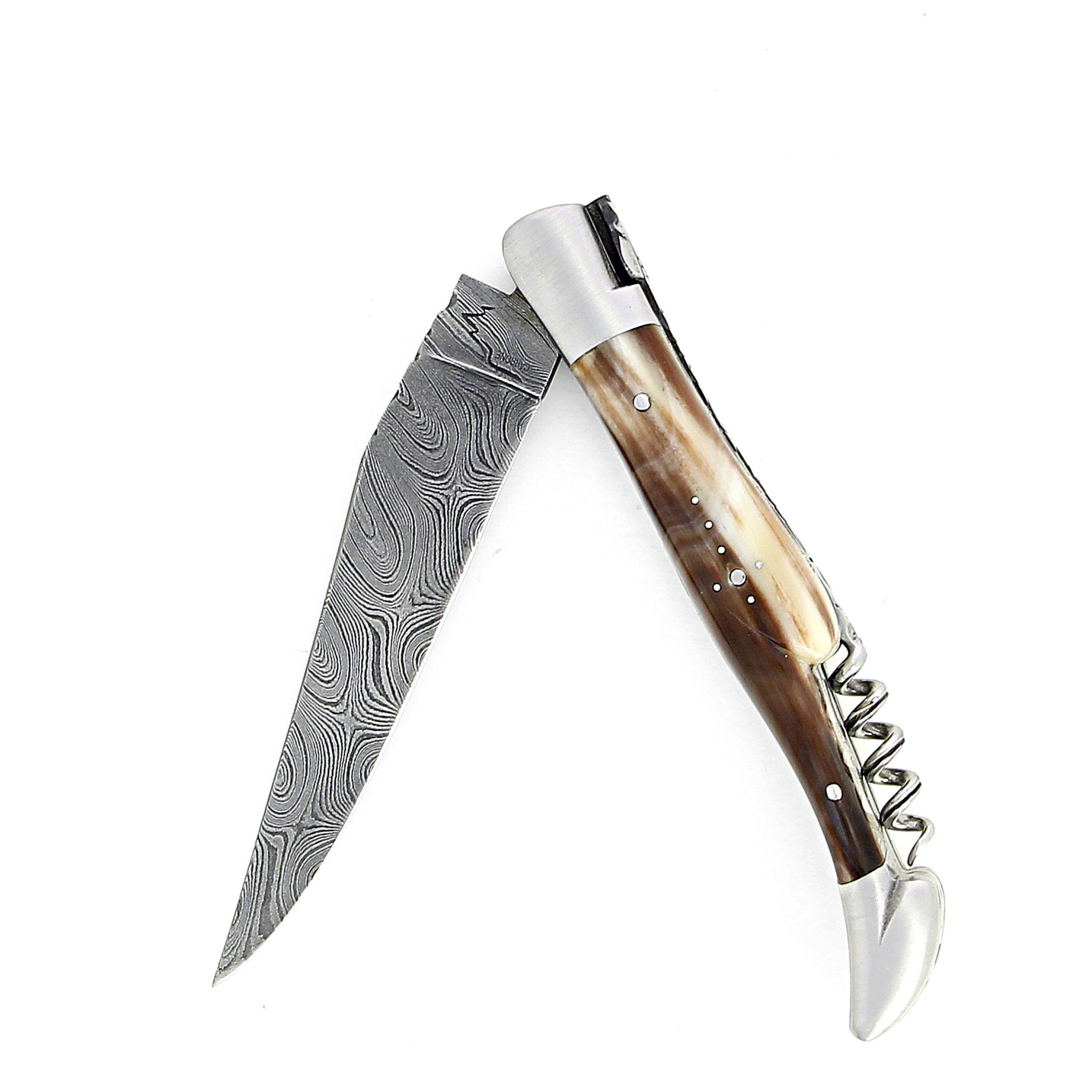 Couteau de Laguiole double platine manche en corne massive blonde lame damas carbone
