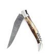 Couteau de Laguiole double platine manche en corne massive blonde lame damas carbone