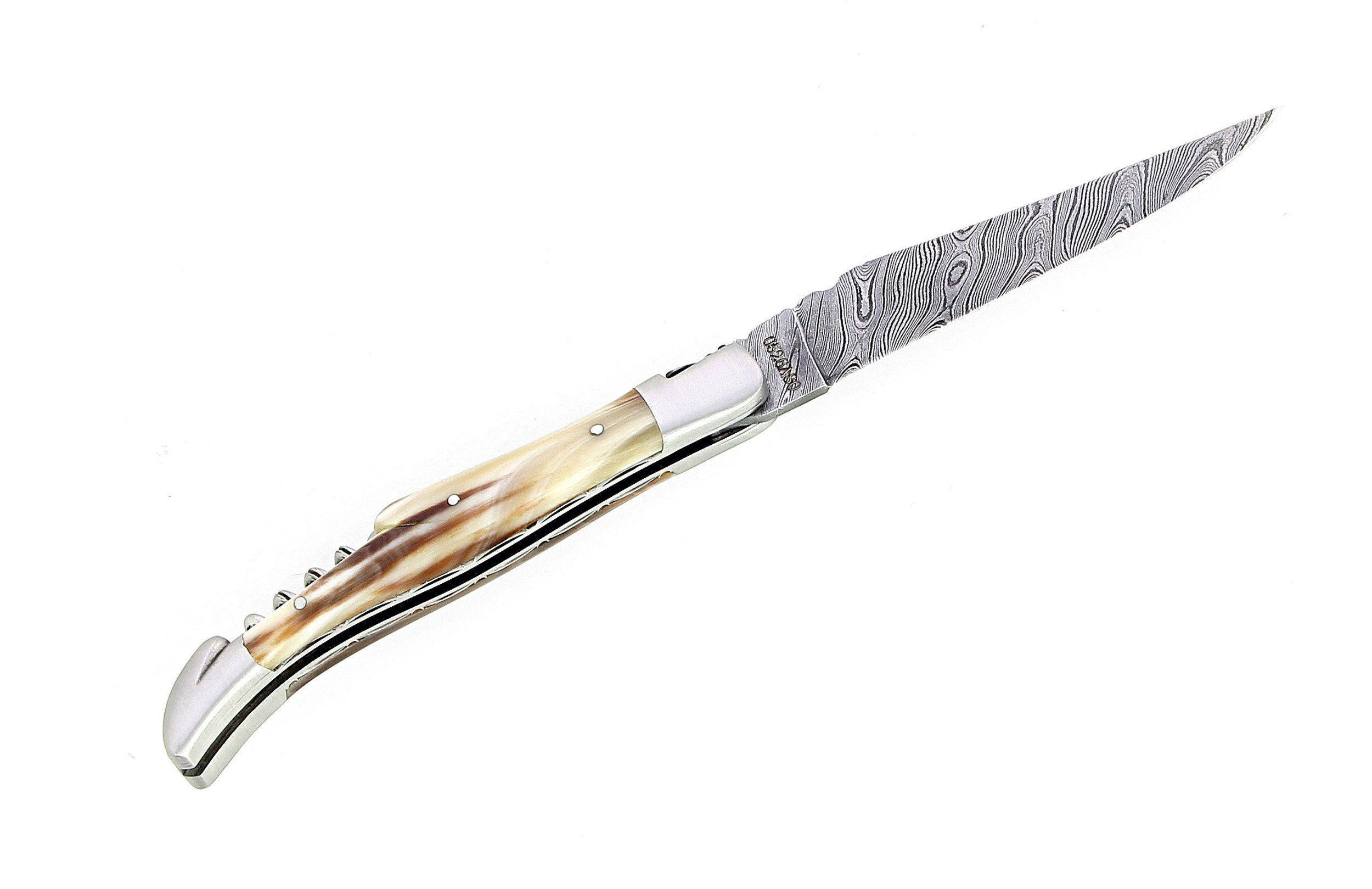Couteau de Laguiole double platine manche en corne massive blonde lame damas carbone