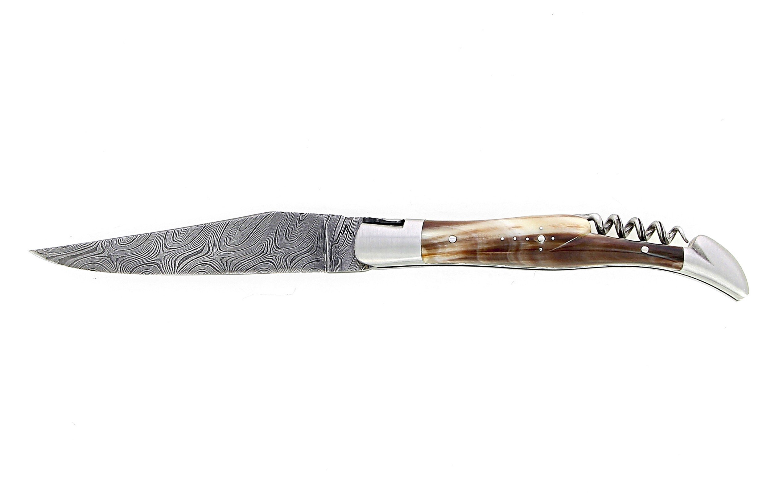 Couteau de Laguiole double platine manche en corne massive blonde lame damas carbone