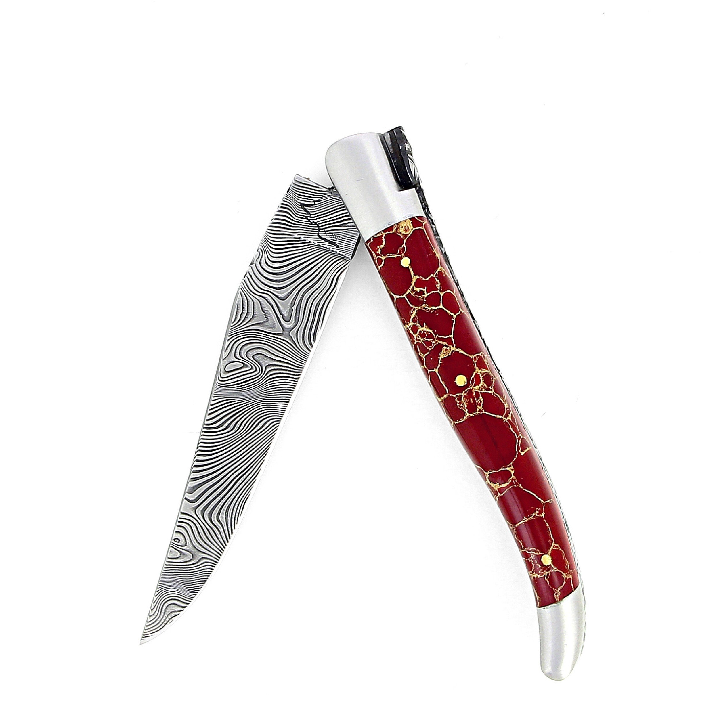 Couteau de Laguiole double platine en jaspe rouge et or lame damas inox