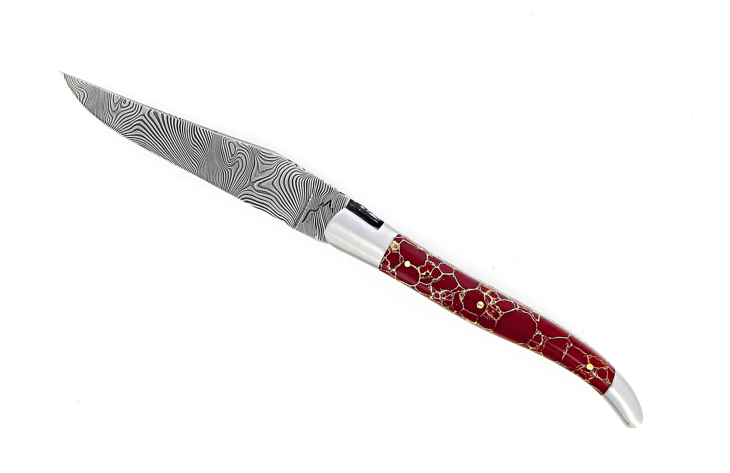 Couteau de Laguiole double platine en jaspe rouge et or lame damas inox
