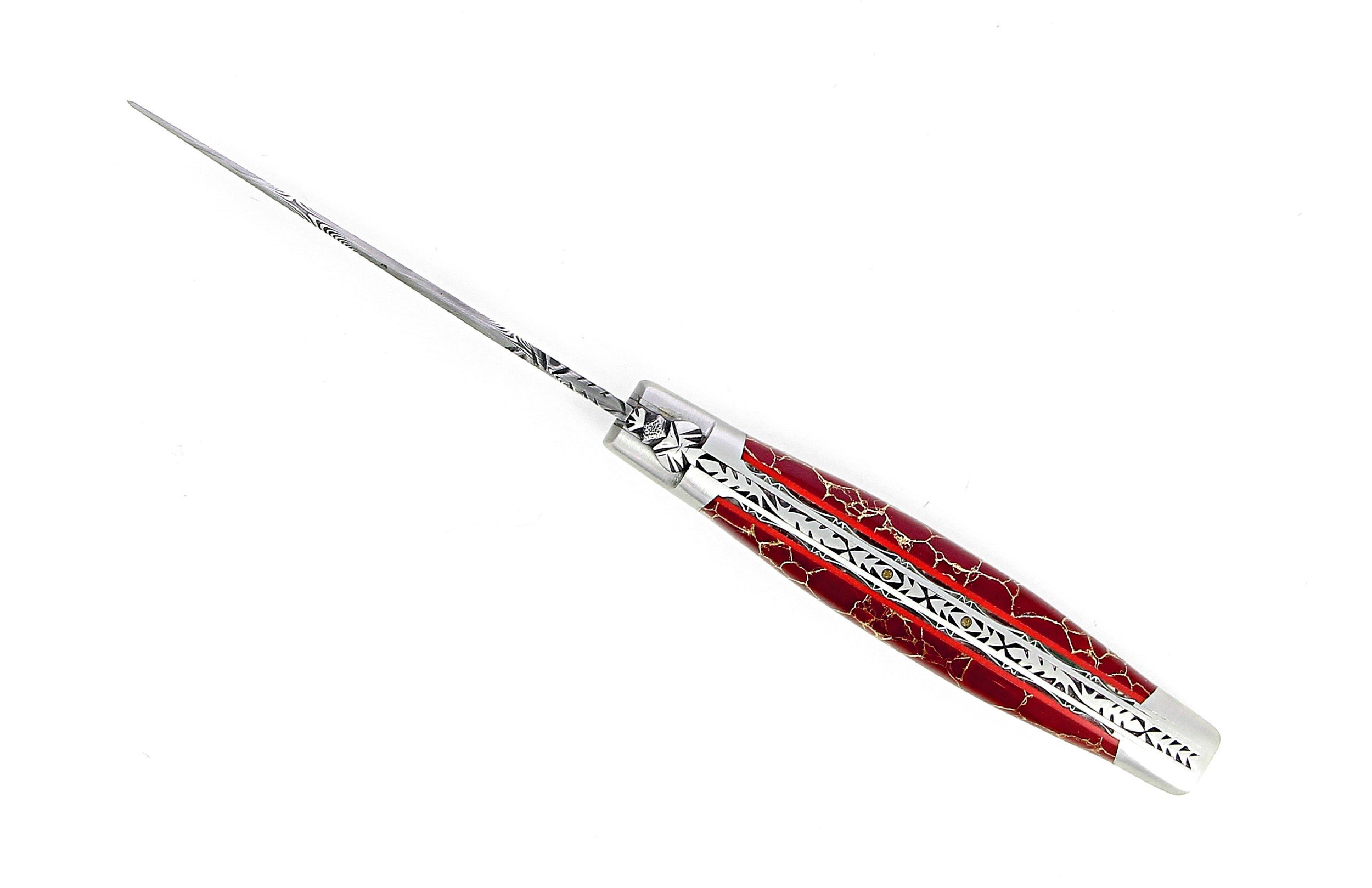 Couteau de Laguiole double platine en jaspe rouge et or lame damas inox