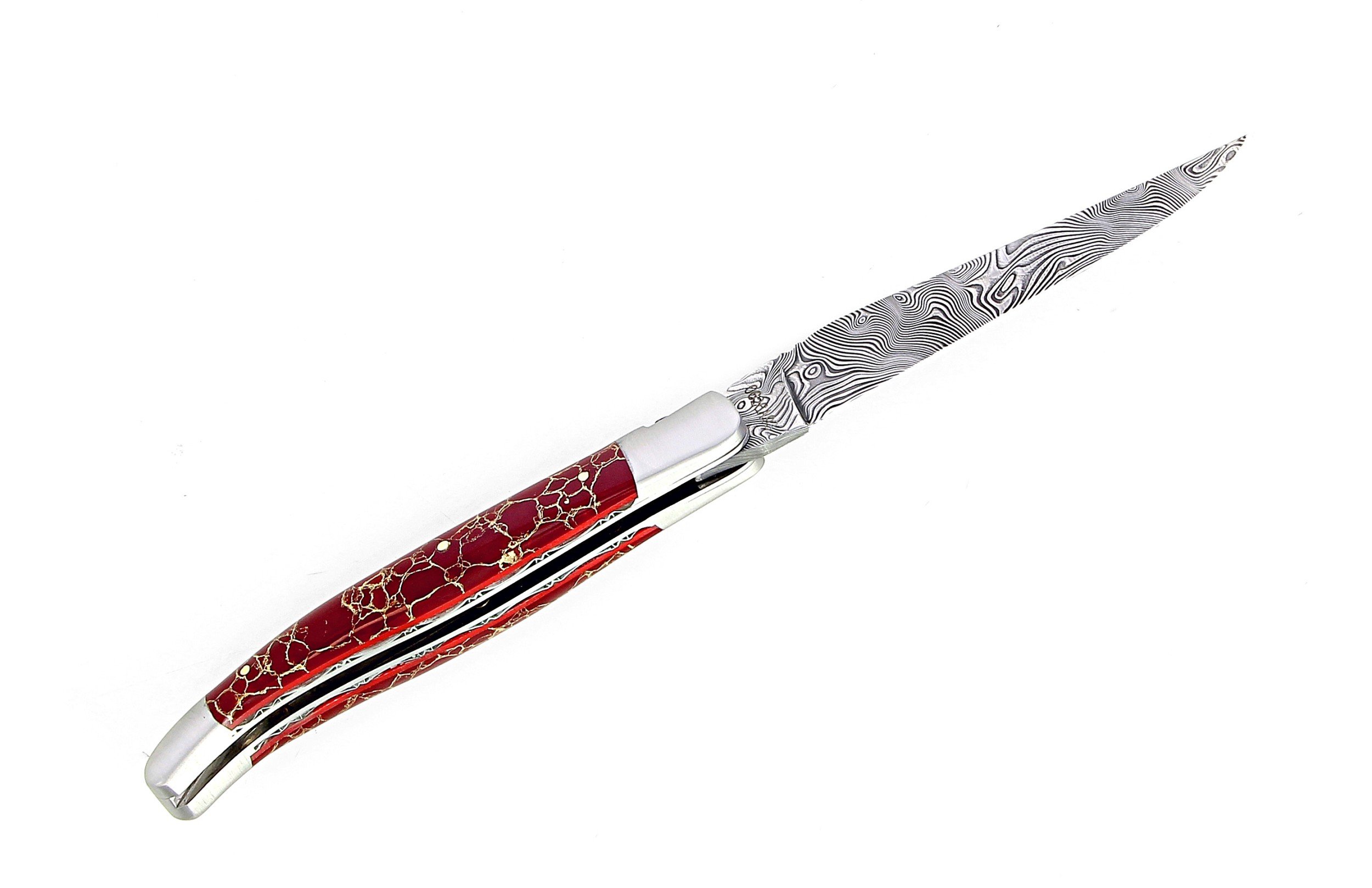 Couteau de Laguiole double platine en jaspe rouge et or lame damas inox
