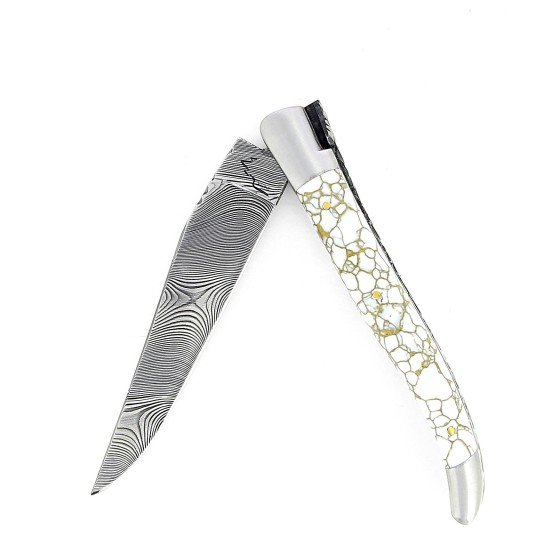 Couteau de Laguiole double platine manche en turquoise blanc et or lame damas
