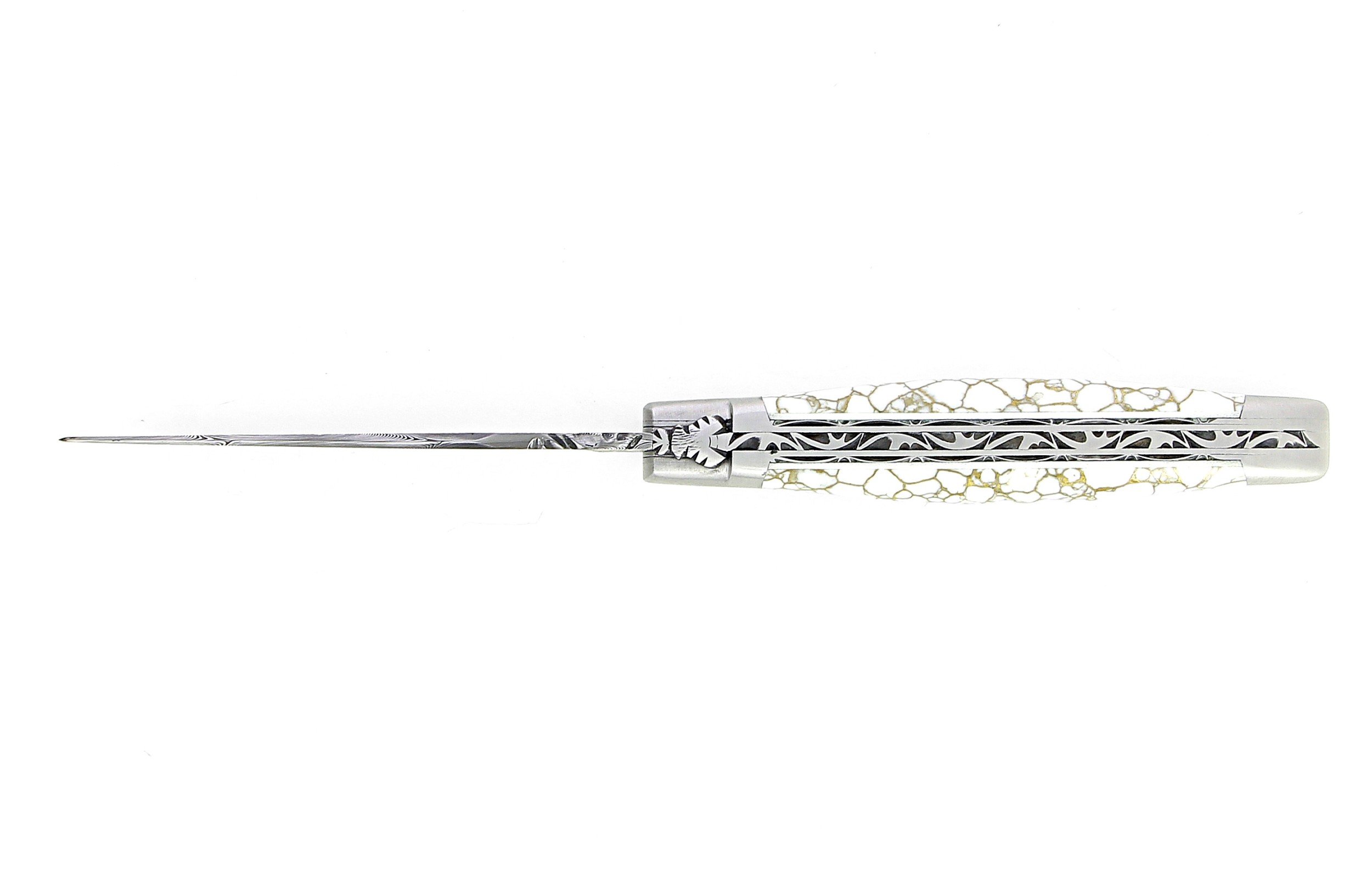 Couteau de Laguiole double platine manche en turquoise blanc et or lame damas