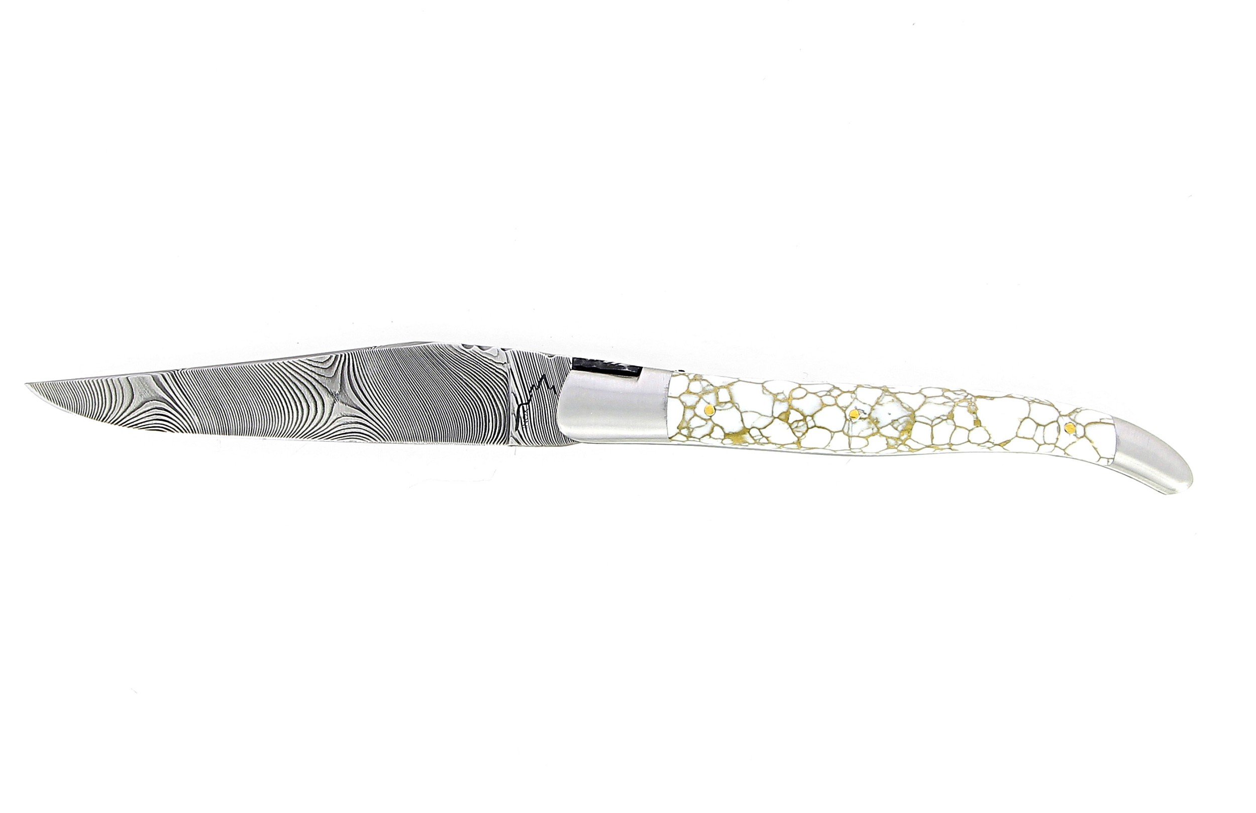 Couteau de Laguiole double platine manche en turquoise blanc et or lame damas