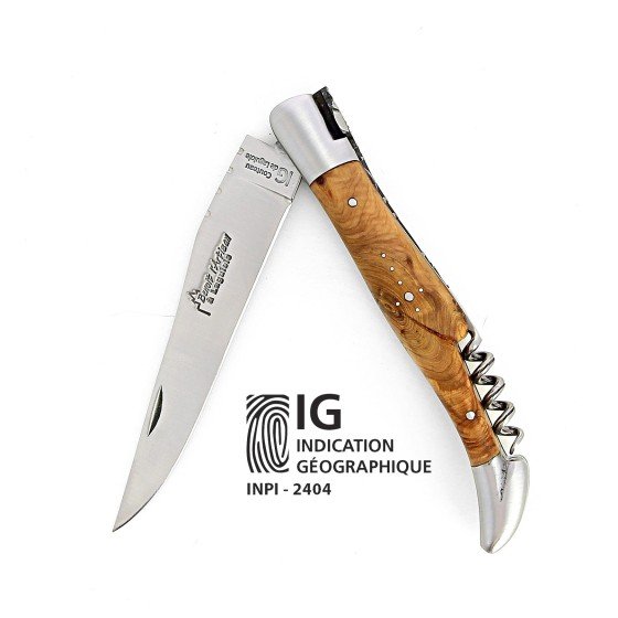 Ce couteau de Laguiole pliant avec tire-bouchon est doté d'un manche de 12 cm en genévrier, protégé par deux mitres inox.