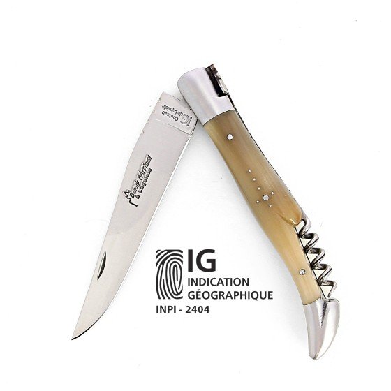 Ig couteau de Laguiole avec tire bouchon et manche en corne massive blonde