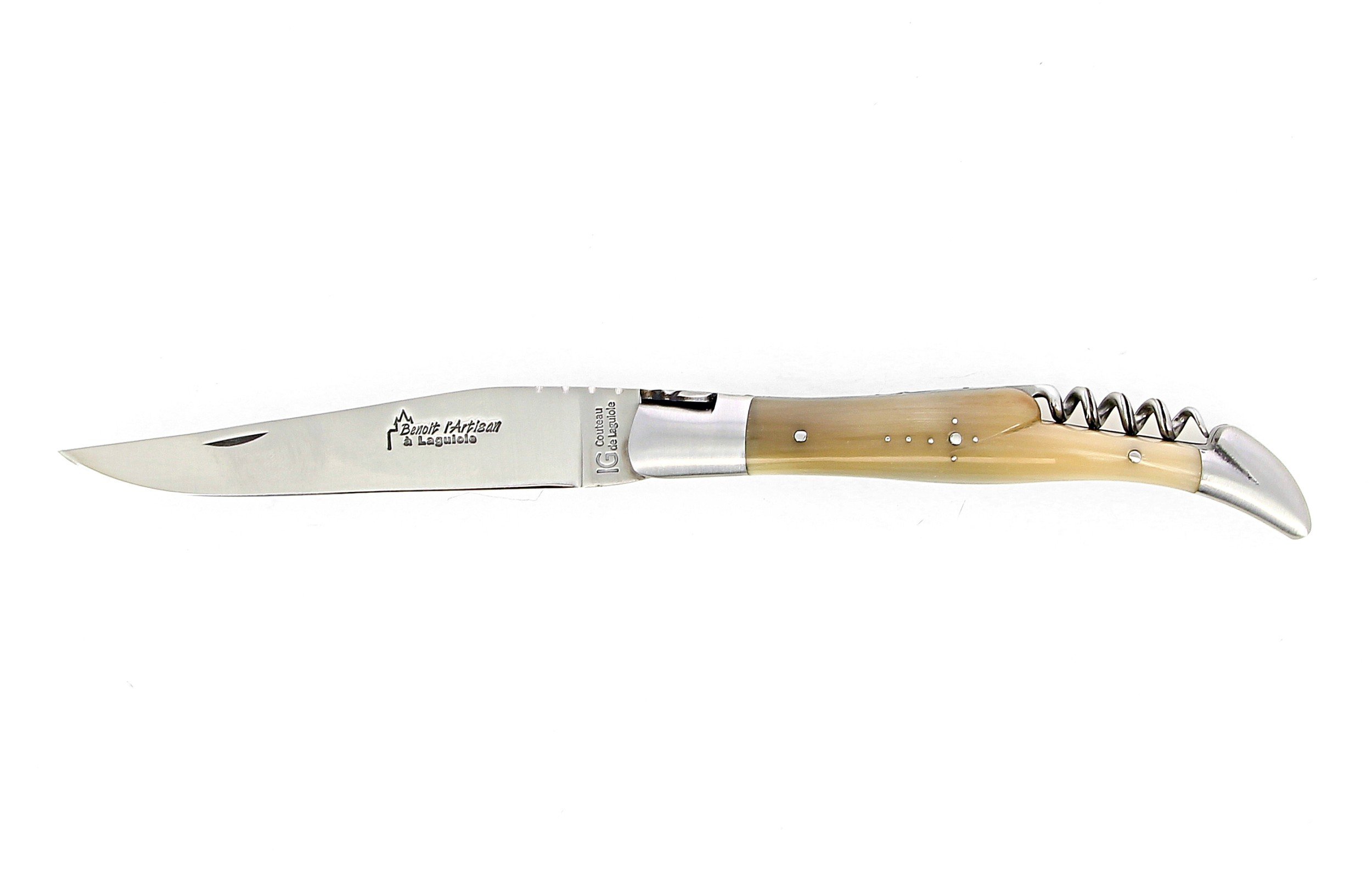 Ig couteau de Laguiole avec tire bouchon et manche en corne massive blonde