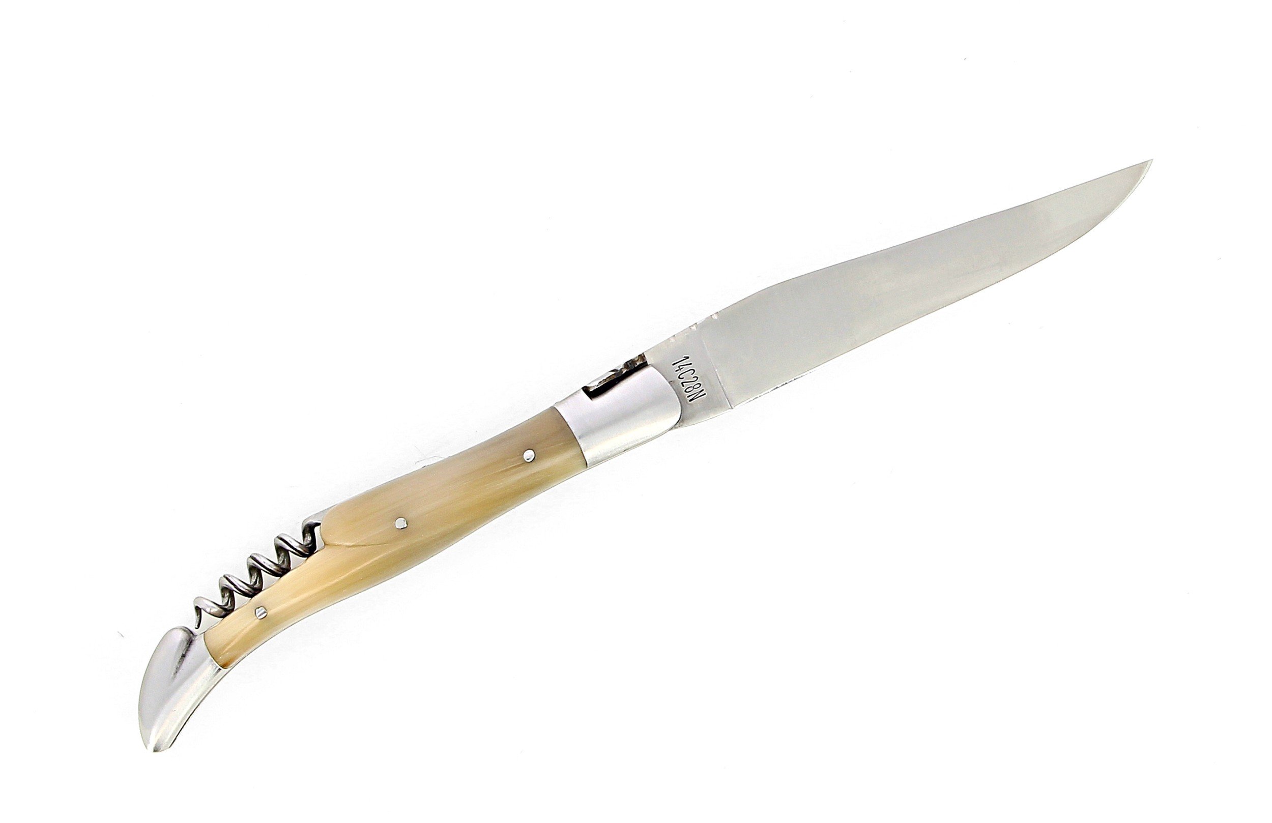 Ig couteau de Laguiole avec tire bouchon et manche en corne massive blonde