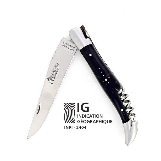 IG   -   Laguiole 12 cm Abeille Forgée manche en pointe de corne noire tire-bouchon et deux mitres inox lame 14C28 Benoit l'Artisan