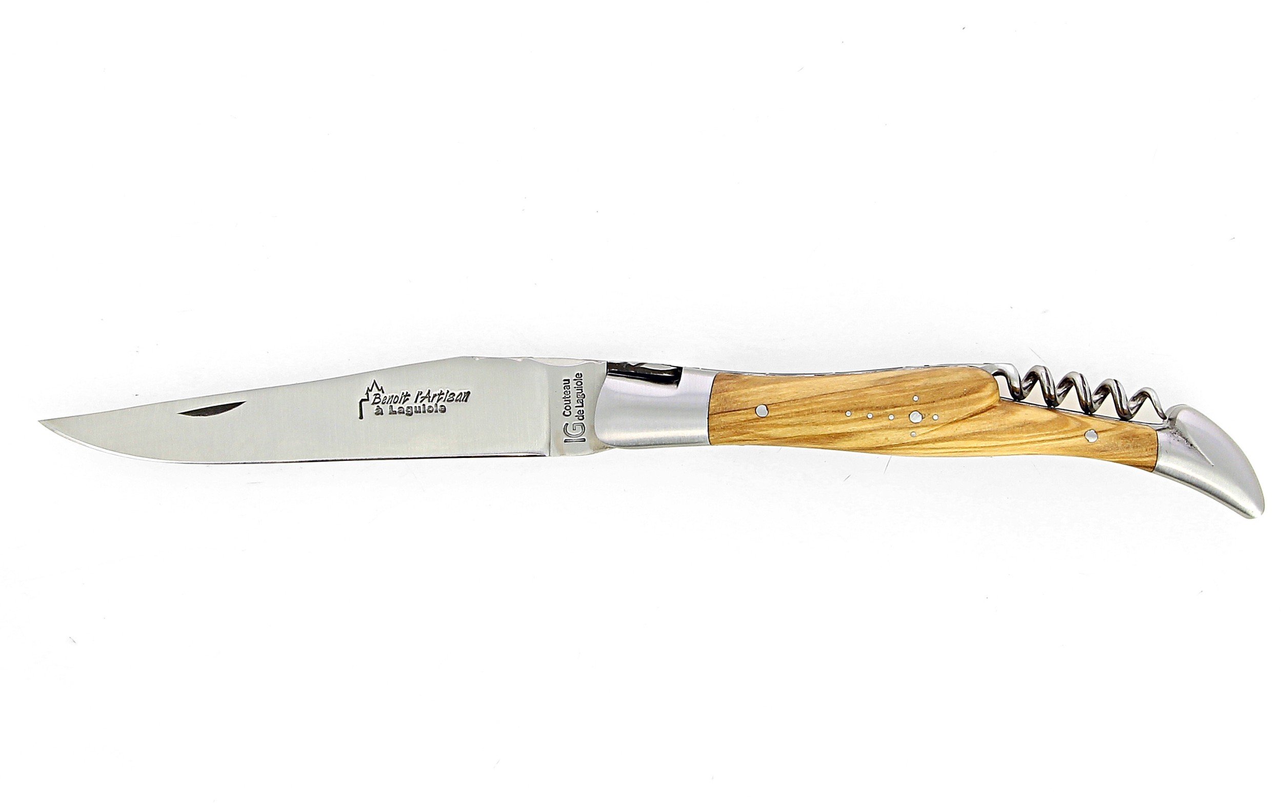 IG Couteau de Laguiole double platine avec tire bouchon et manche en olivier