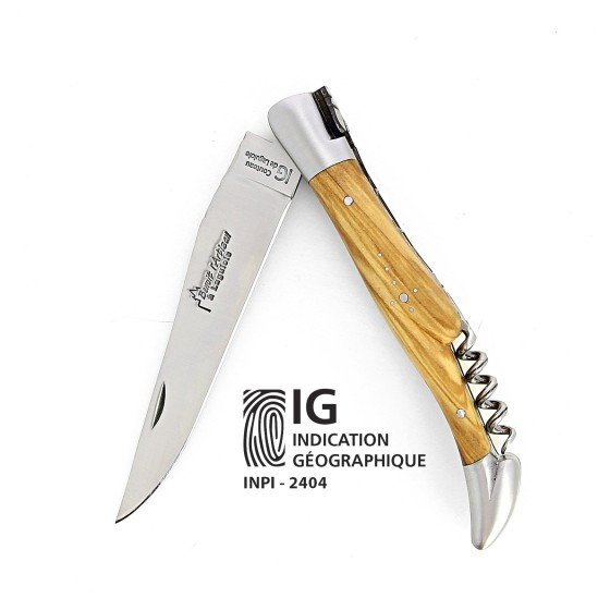 IG Couteau de Laguiole double platine avec tire bouchon et manche en olivier