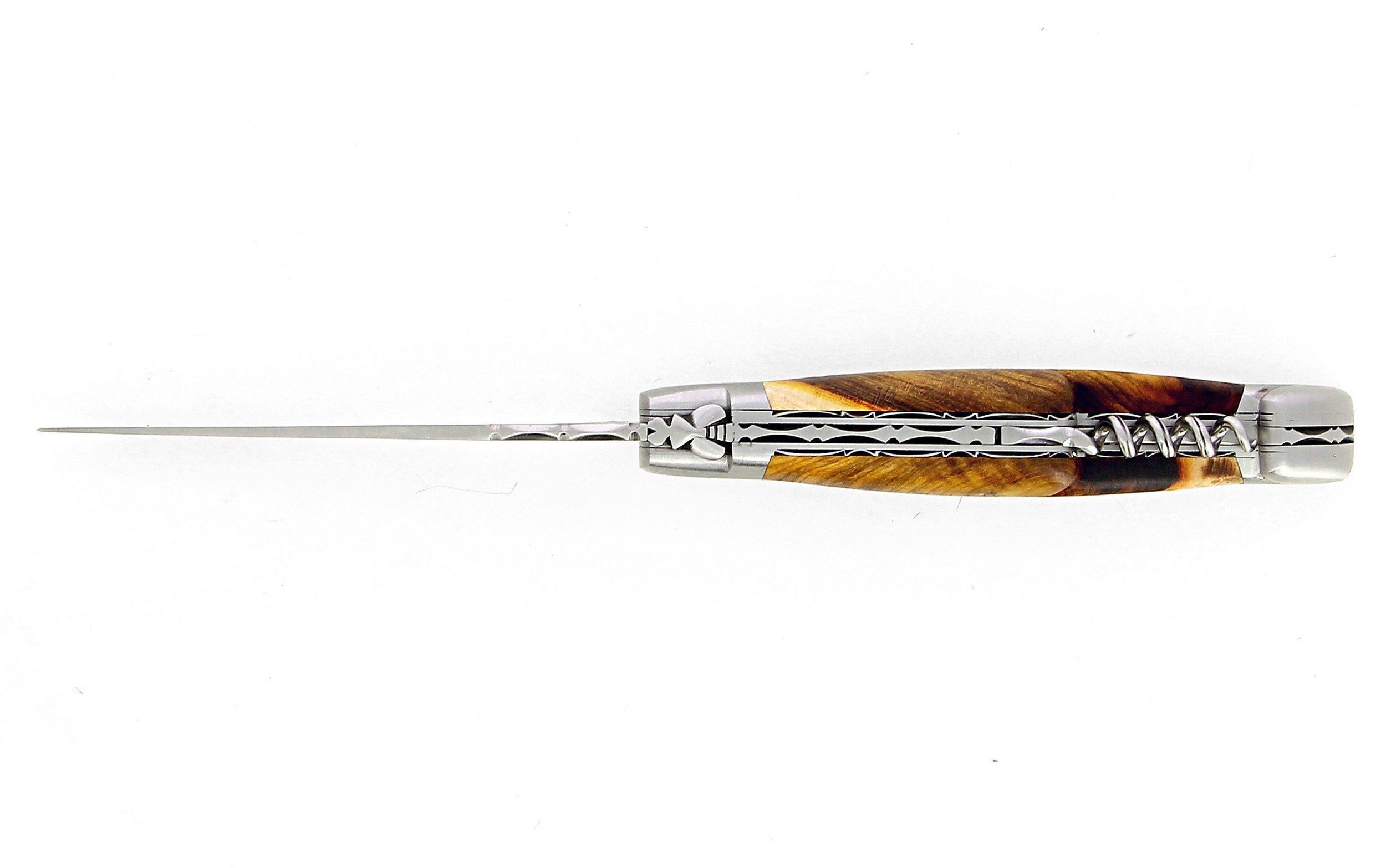 IG couteau de Laguiole avec tire bouchon et double platines, manche en pistachier
