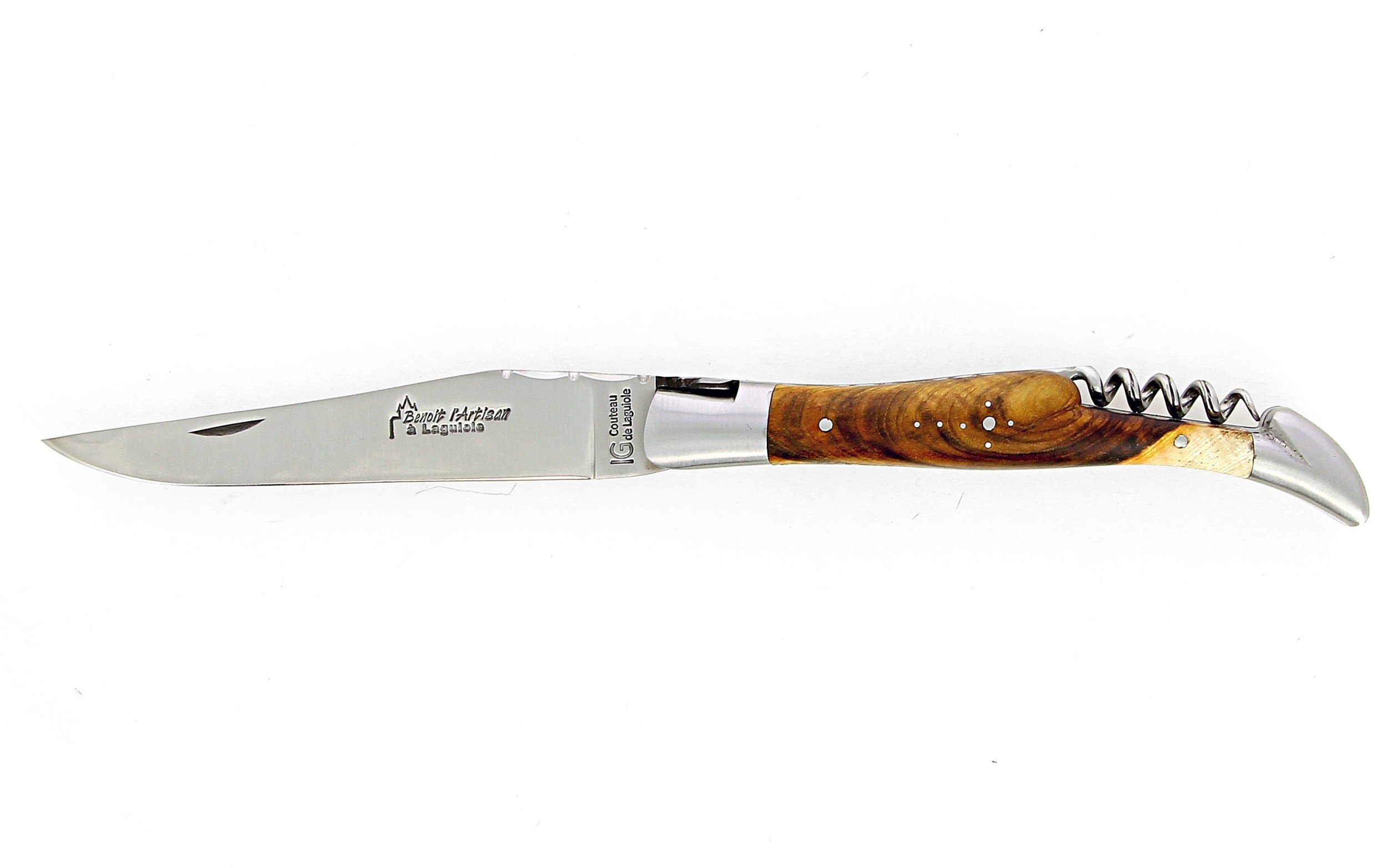 IG couteau de Laguiole avec tire bouchon et double platines, manche en pistachier