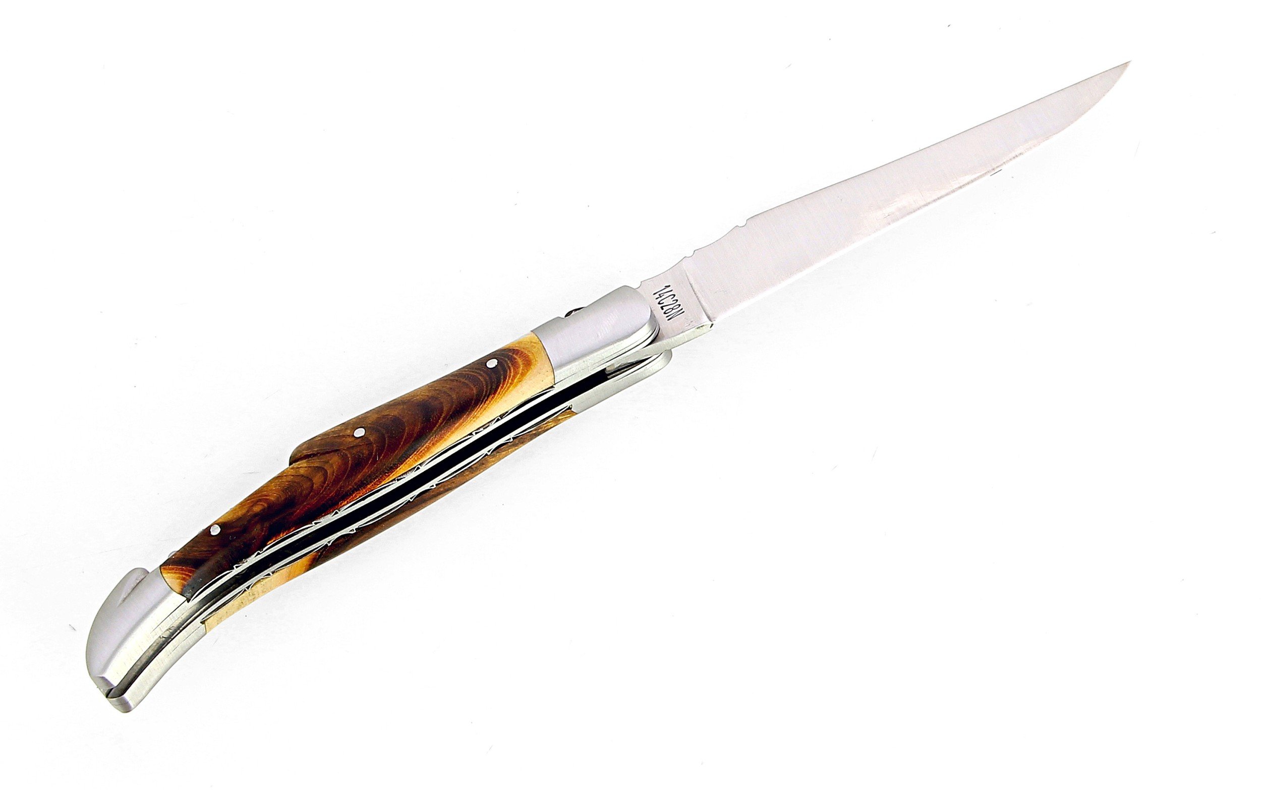 IG couteau de Laguiole avec tire bouchon et double platines, manche en pistachier