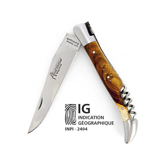 IG couteau de Laguiole avec tire bouchon et double platines, manche en pistachier