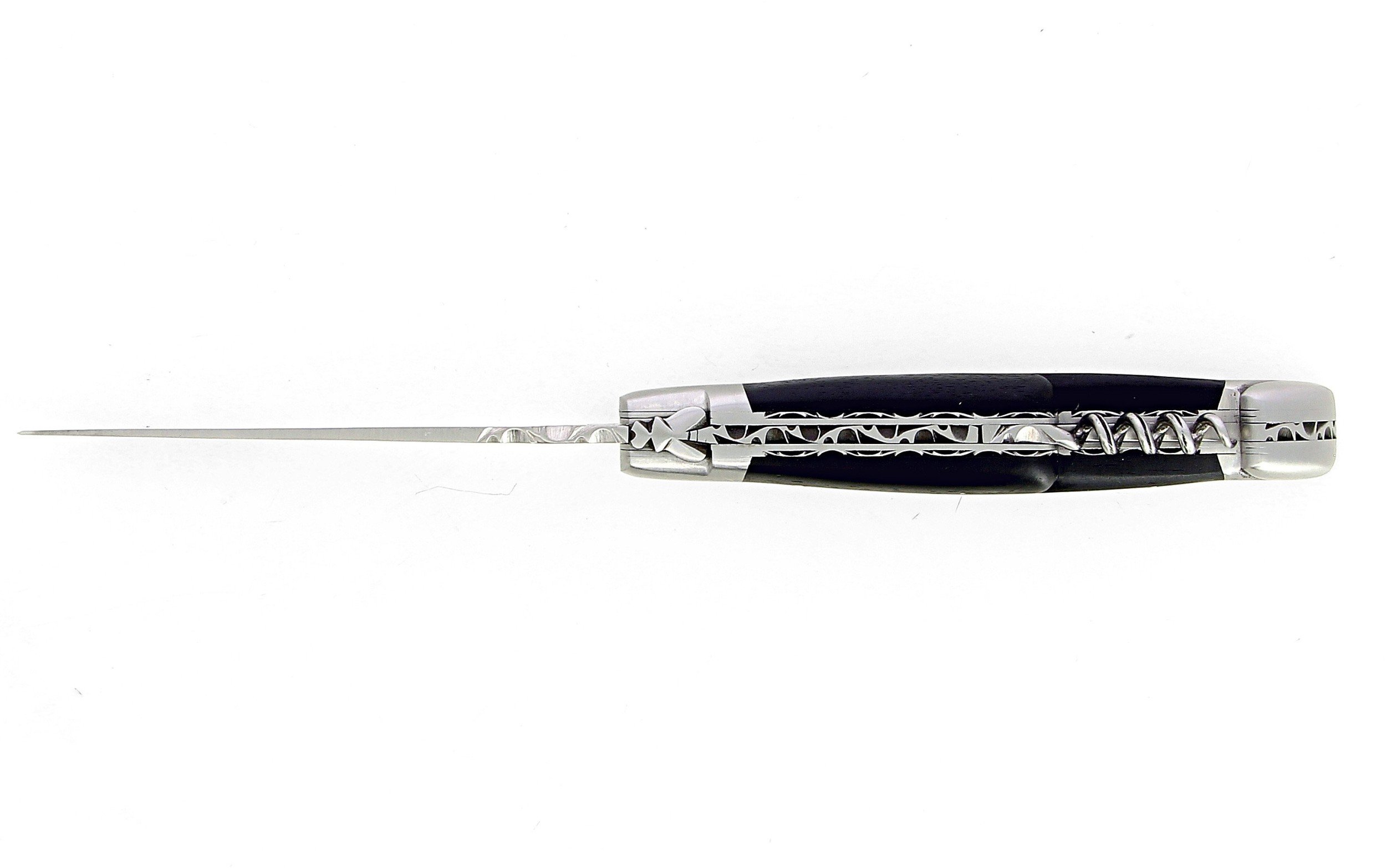 IG Couteau de Laguiole double platine avec tire bouchon et manche en ebene