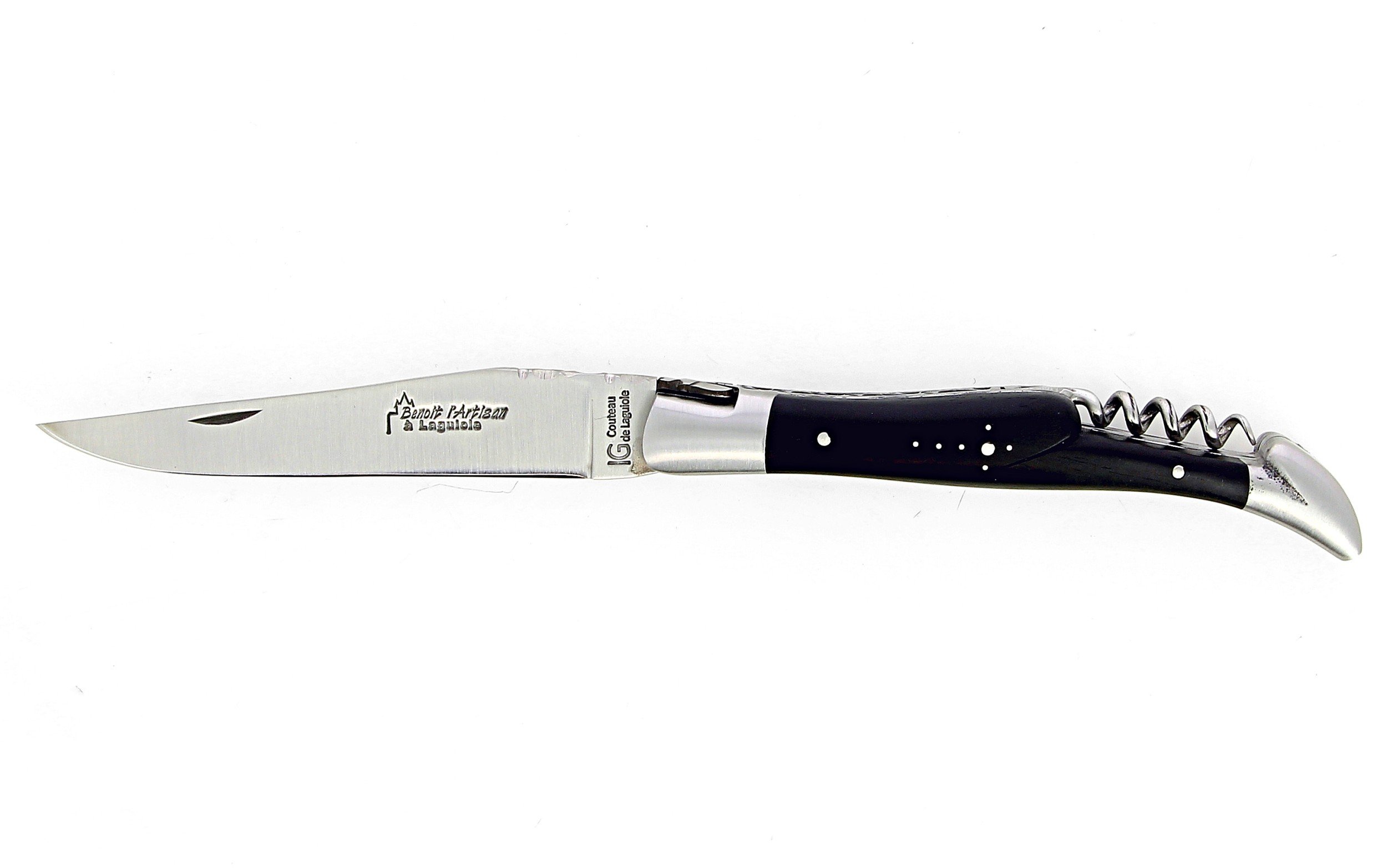 IG Couteau de Laguiole double platine avec tire bouchon et manche en ebene