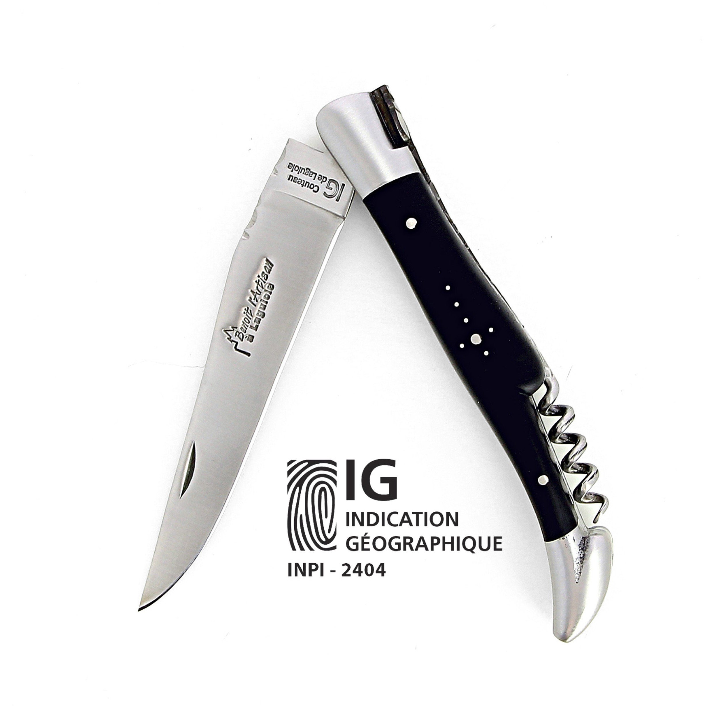 IG Couteau de Laguiole double platine avec tire bouchon et manche en ebene