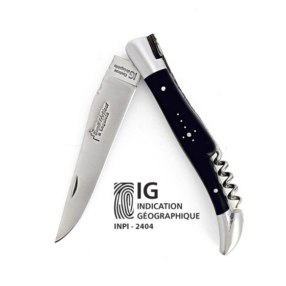 IG Couteau de Laguiole double platine avec tire bouchon et manche en ebene