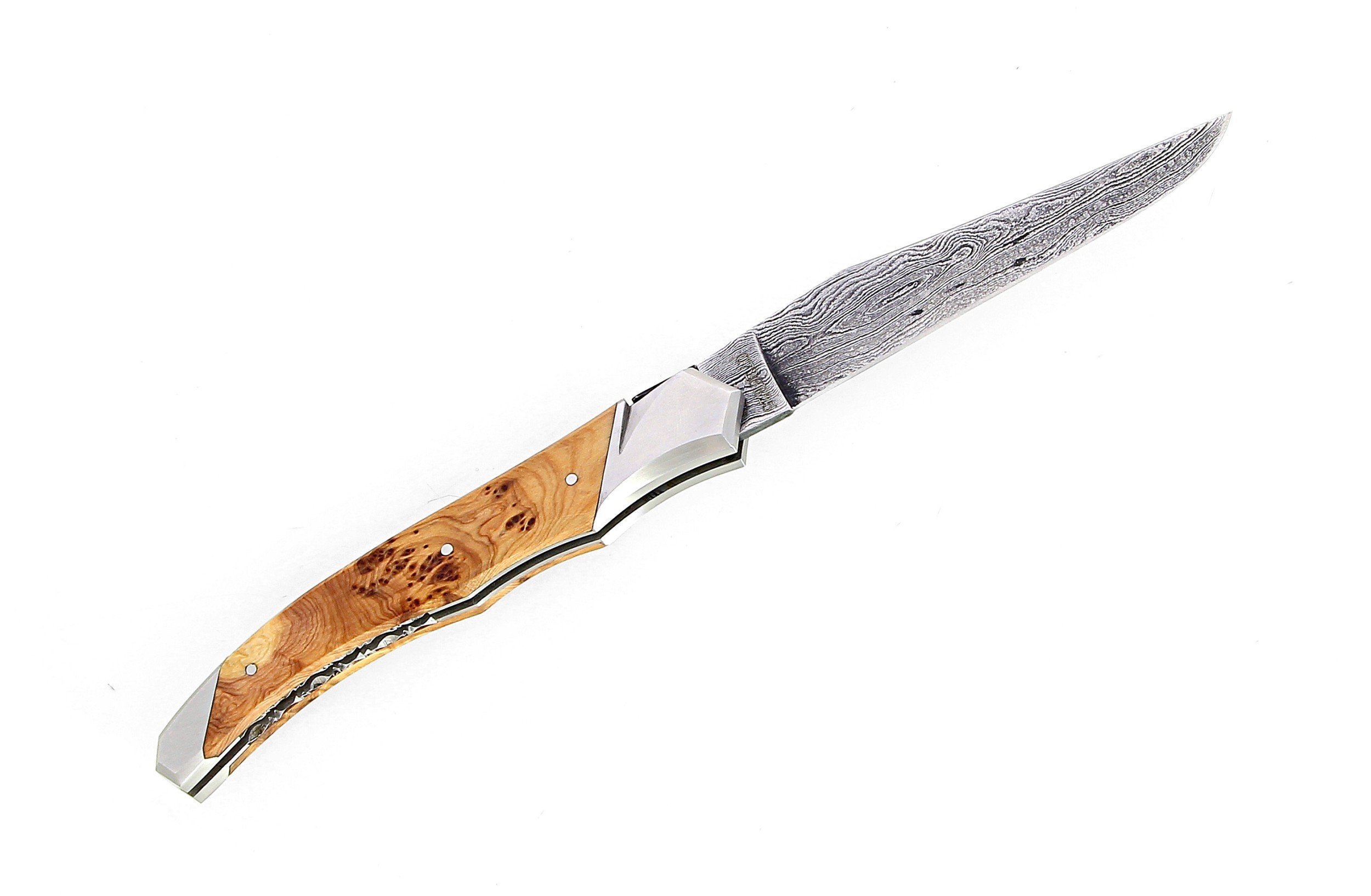 Couteau Laguiole Tribal avec manche en genévrier et lame damas carbone