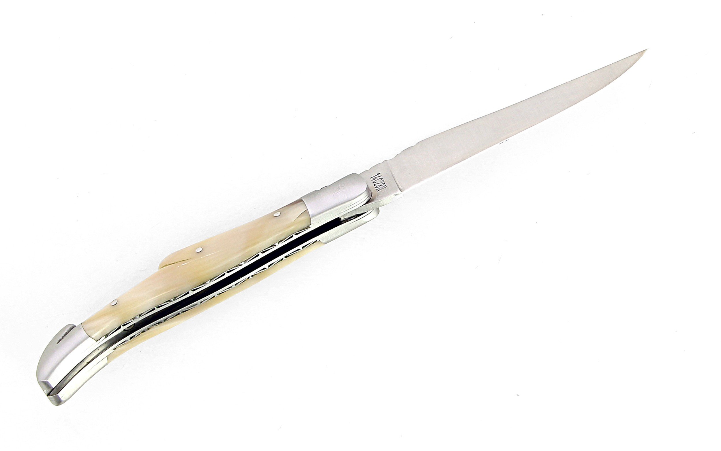 IG Couteau de Laguiole double platine avec tire bouchon manche en corne massive blonde et lame 14C28