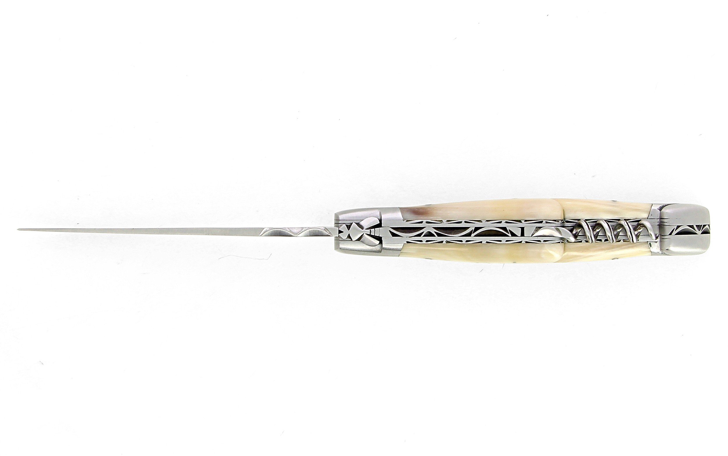 IG Couteau de Laguiole double platine avec tire bouchon manche en corne massive blonde et lame 14C28