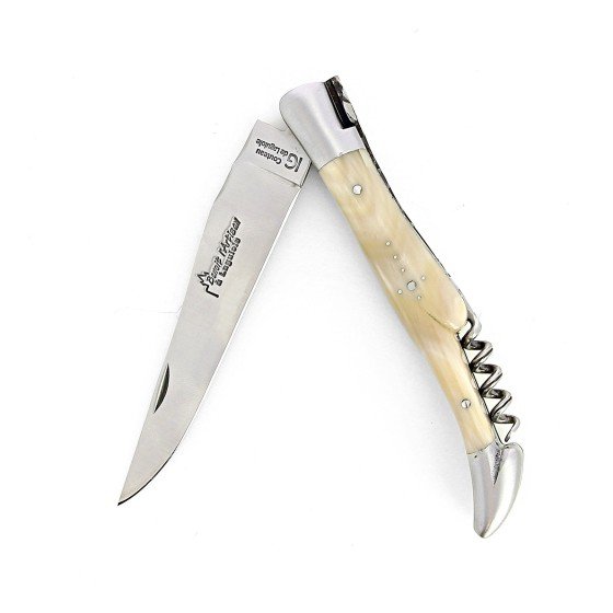 IG Couteau de Laguiole double platine avec tire bouchon manche en corne massive blonde et lame 14C28