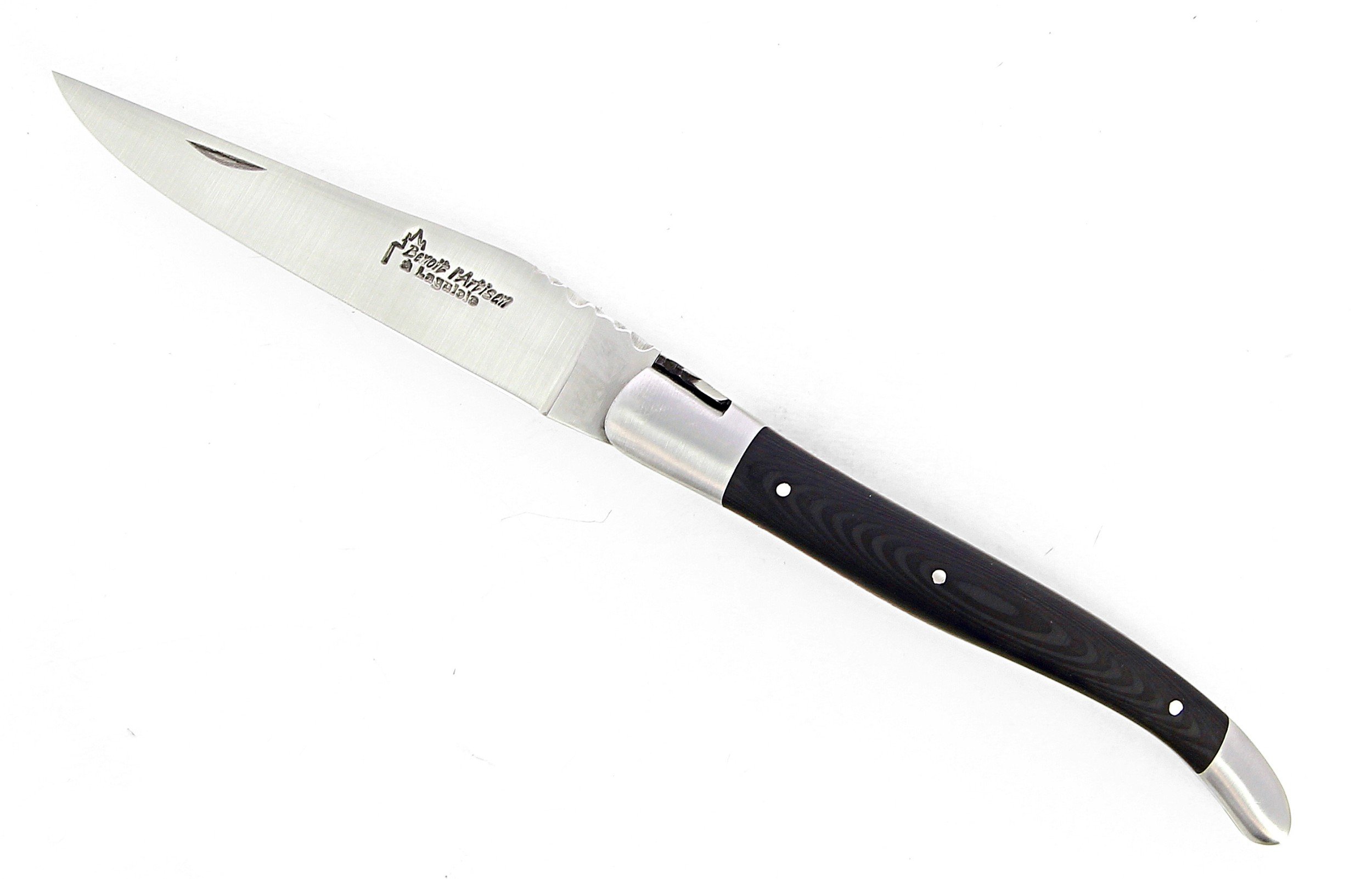 Laguiole pliant doubles platines, 12 cm, manche en fibre de carbone, intercalaires rouges, mitres inox brossées