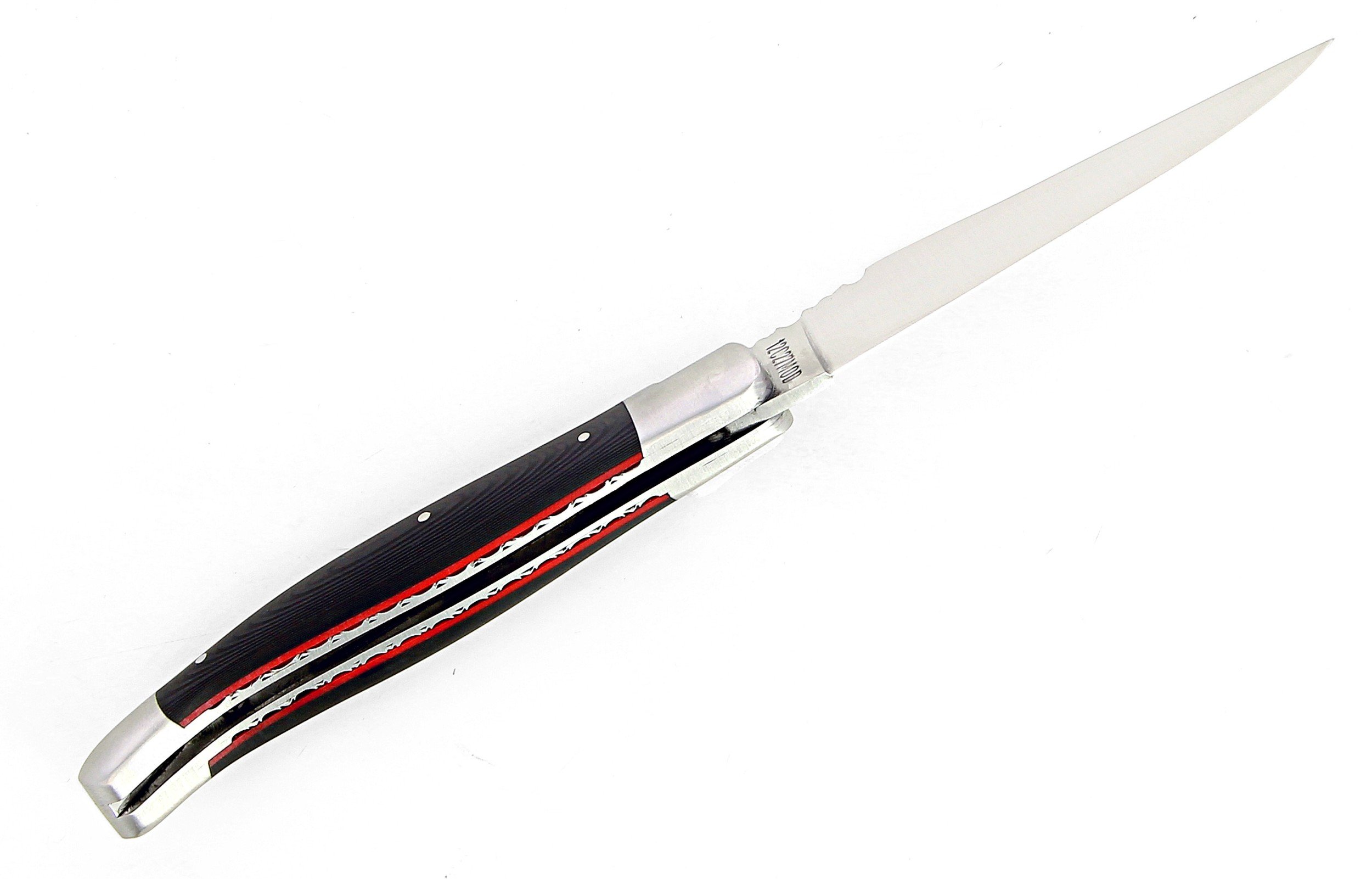 Laguiole pliant doubles platines, 12 cm, manche en fibre de carbone, intercalaires rouges, mitres inox brossées