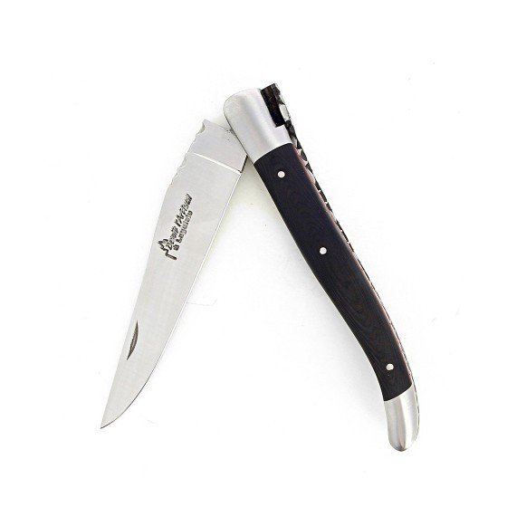 Laguiole pliant doubles platines, 12 cm, manche en fibre de carbone, intercalaires rouges, mitres inox brossées