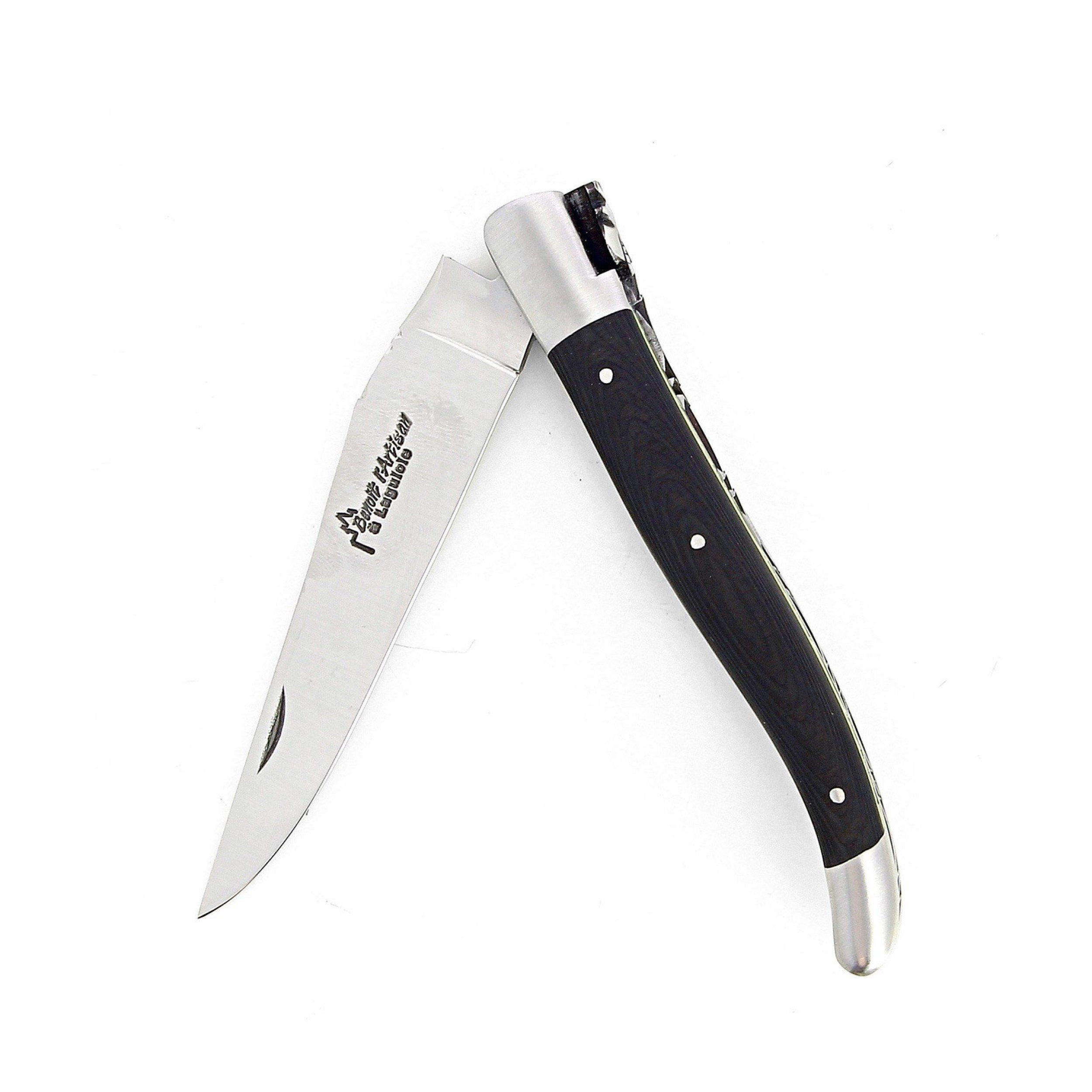 Laguiole pliant doubles platines, 12 cm, manche en fibre de carbone, intercalaires jaunes, mitres inox brossées