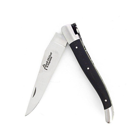 Laguiole pliant doubles platines, 12 cm, manche en fibre de carbone, intercalaires jaunes, mitres inox brossées
