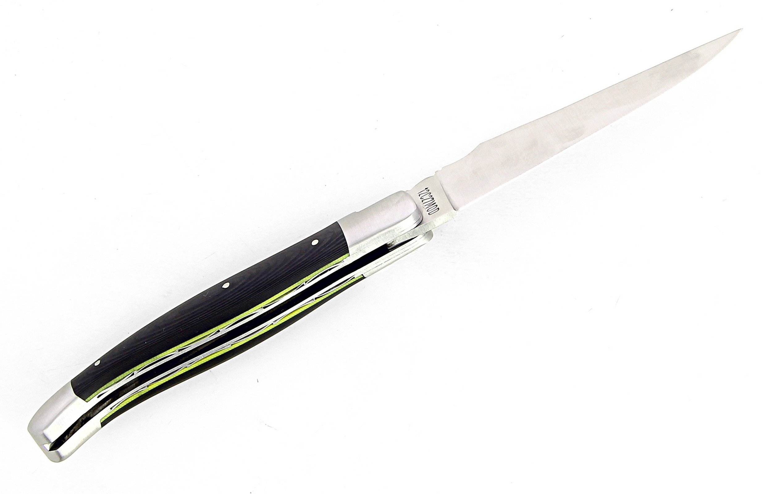 Laguiole pliant doubles platines, 12 cm, manche en fibre de carbone, intercalaires jaunes, mitres inox brossées