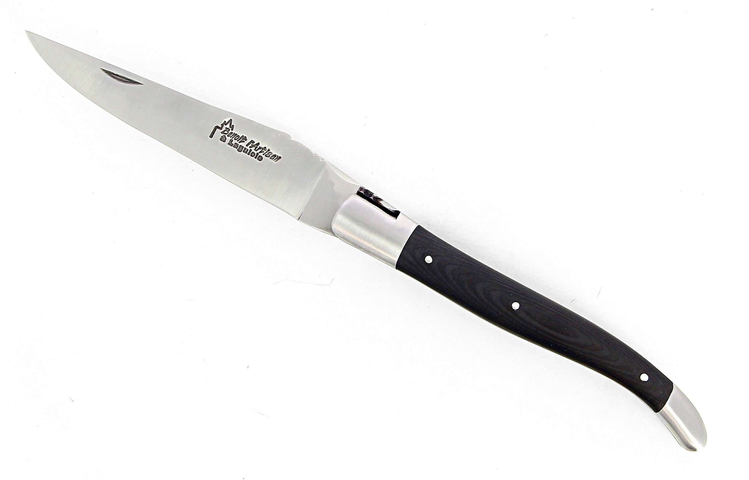 Laguiole pliant doubles platines, 12 cm, manche en fibre de carbone, intercalaires jaunes, mitres inox brossées