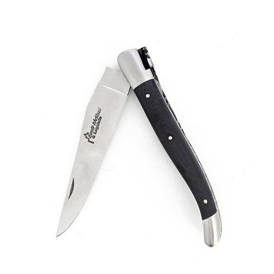 Couteau Laguiole pliant doubles platines, 12 cm, manche en fibre de carbone, intercalaires blancs, mitres inox brossées