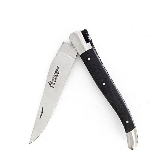 Laguiole pliant doubles platines, 12 cm, manche en fibre de carbone, intercalaires bleus, mitres inox brossées