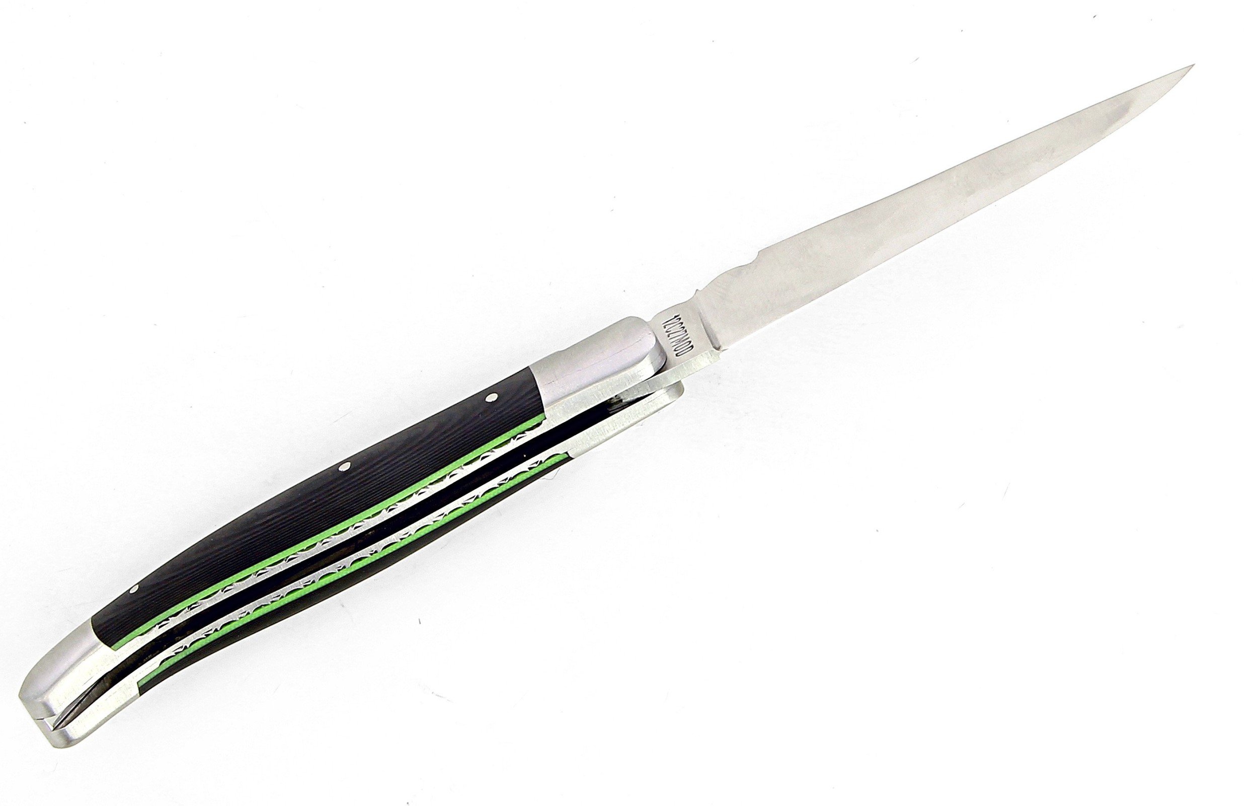 Laguiole pliant doubles platines, 12 cm, manche en fibre de carbone, intercalaires verts, mitres inox brossées