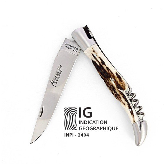 IG couteau de Laguiole avec tire bouchon et manche en bois de cerf